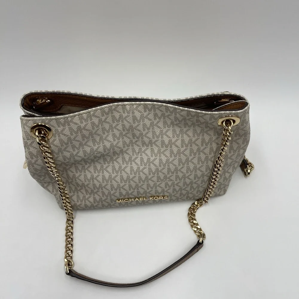 Michael Kors Jet Set Travel Beige Signature MK Logo Chain Shoulder‎ Tote Bag - Picture 2 of 16
